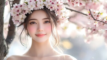 A woman in a flower crown standing under cherry blossoms