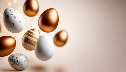 White and gold painted Easter eggs floating against a light background with space for copy	