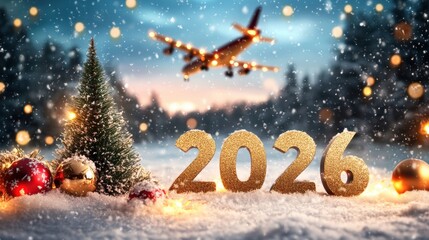 Golden numbers signify the upcoming New Year amidst a snowy landscape, with an airplane soaring through the sky and festive decorations nearby