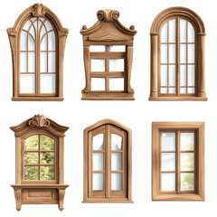 Set of vintage wooden window designs. Various styles of wooden windows with elegant frames