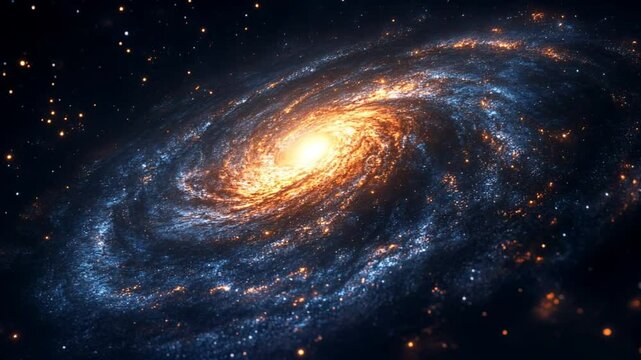 A majestic spiral galaxy glows with golden and blue hues, surrounded by countless stars in deep space. The vast cosmic scene embodies mystery and unknown. Concept of universe and infinite possibilitie
