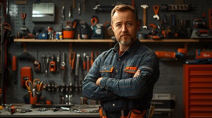 Confident worker with arms crossed standing in workshop