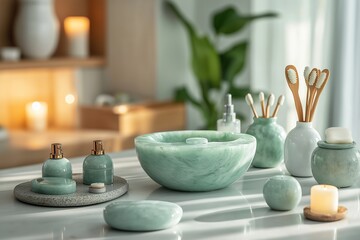 Modern bathroom showcasing facial massage for youthful skin. Concept: serene ambiance with emphasis on facial massage for youthful skin, simplicity, and cosmetics.