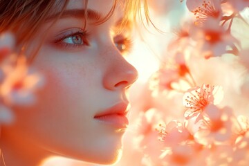 Fototapeta premium Stunning caucasian young woman surrounded by cherry blossoms. Spring mood, golden hour in sunset. Commercial ad concept. Woman in a spring garden for advertising. Bright woman in floral park.