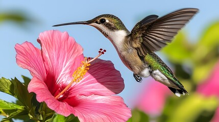 Hummingbird hovering near a vibrant pink hibiscus flower