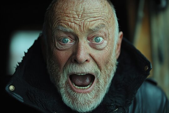 Startled senior man with wide blue eyes and open mouth, surprised expression