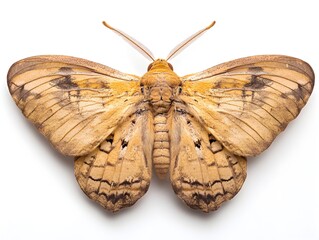 Naklejka premium A detailed close-up studio shot reveals a striking tan and brown moth with intricate wing patterns against a pure white background.