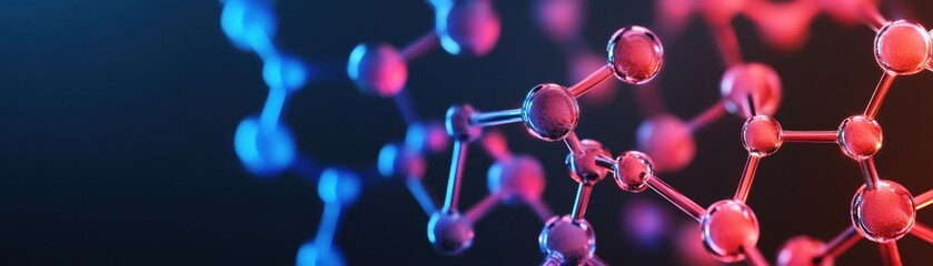 A vibrant molecular structure in blue and red against a dark background, illustrating the beauty of scientific concepts and chemistry.