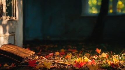 Autumn leaves in vibrant hues of red and orange cover the ground in a quiet space, with sunlight filtering through nearby trees