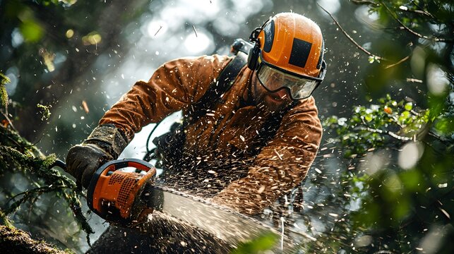 Professional arborist using chainsaw to trim tree branches