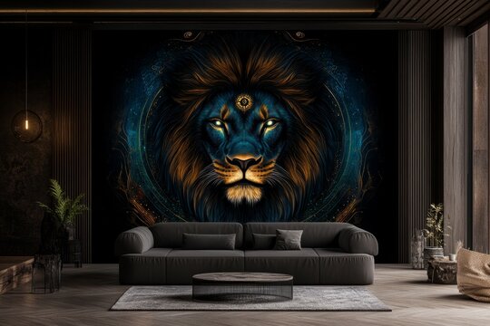 A high-resolution portrait of a majestic lion gazing intensely, ideal for a powerful statement wall art