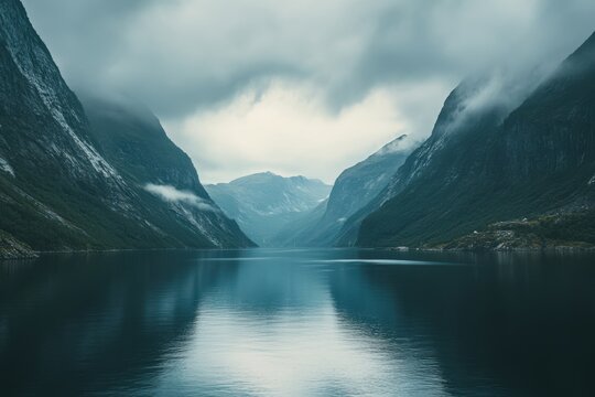 Majestic fjord reflecting serene mountains under moody skies at dawn