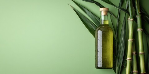 Rustic bottle of cachaça next to sugarcane stalks on a vibrant green background. Perfect for Brazilian culture, cocktails, and natural spirits blogs.