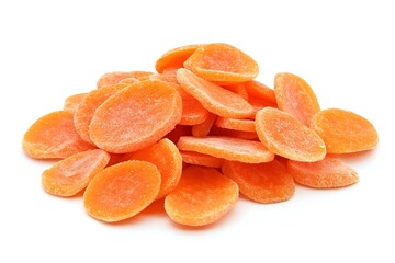 Pile of dried carrot slices isolated on white.