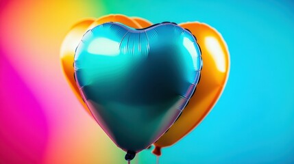 Two heart-shaped balloons, one blue and one orange, stand out against a bright, colorful background, creating a lively atmosphere for festivities