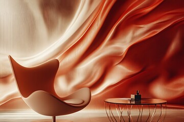 Serene solitude in a terracotta dream, a modern chair rests amidst swirling textures bathed in warm light.