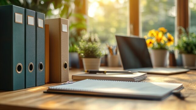 Organized Office Desk with Binders Documents and Natural Light in a Modern Workspace