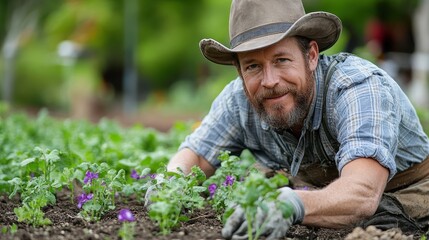 A smiling man tending his plants in a garden setting