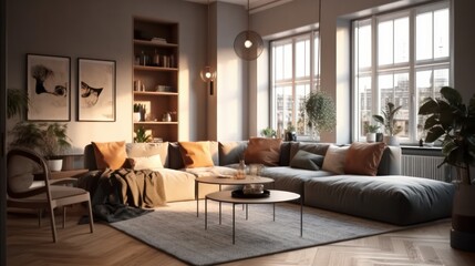 Fototapeta premium Cozy Modern Living Room with Scandinavian Design Featuring Plush Sectional Couch and Natural Light