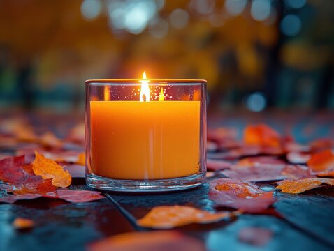 Cozy autumn scene with lit candle in glass holder and fall leaves warm glow