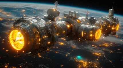 Spaceship orbiting Earth, glowing engines