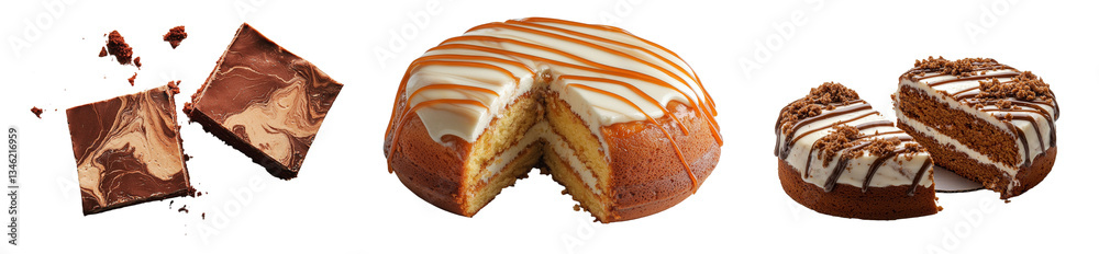 Poster from above, a vanilla and cocoa cake is seen next to slices of bread, all isolated on a white backgr