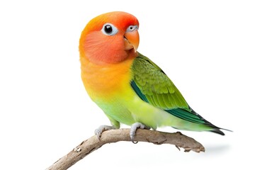 Colorful lovebird perched on branch.