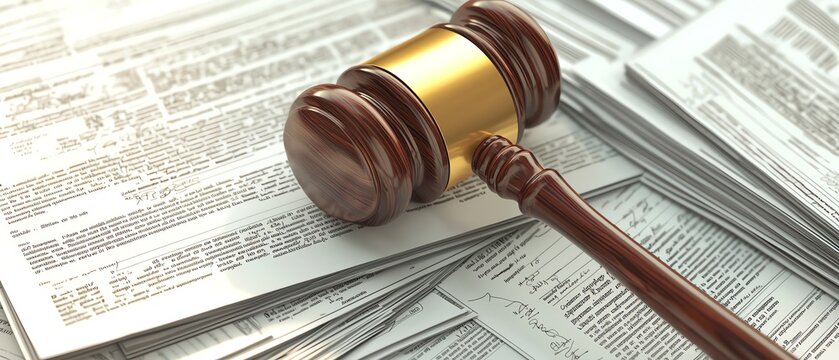 Legal documents with gavel on wooden table.