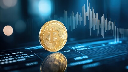 A golden Bitcoin rests on a digital background with fluctuating graphs, symbolizing cryptocurrency trading and market dynamics.