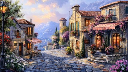 Naklejka premium Charming cobblestone street in a picturesque village with blooming flowers