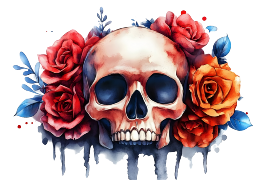 Transparent Background Illustration of Skull Adorned with Red Roses Featuring Floral Watercolor Artistry and Gothic Anatomy - Powered by Adobe