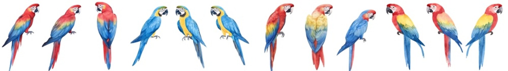 Fototapeta premium A parrot, exemplifying the diversity of tropical birds, is illustrated in watercolor on a simple, isolated white background