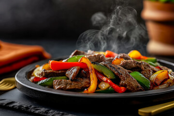 Sizzling beef fajitas with steam and metallic accents