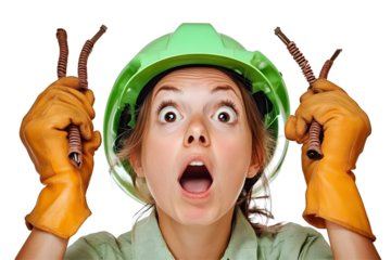 Transparent Background Photo of Surprised Woman in Helmet Holding Electrical Wires Expressing Shock and Danger in Industrial Work with Electricity and Safety