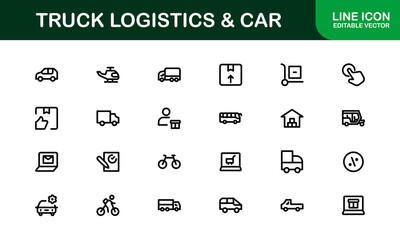 Professional Truck Logistics and Car Icon Set Vector Illustration. Featuring Essential Transportation, Delivery, and Vehicle Symbols