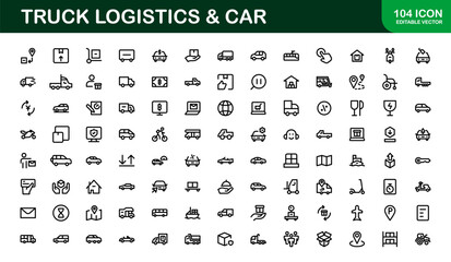 Professional Truck Logistics and Car Icon Set Vector Illustration. Featuring Essential Transportation, Delivery, and Vehicle Symbols