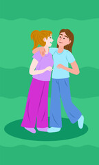 Two smiling friends embracing each other showing love and care