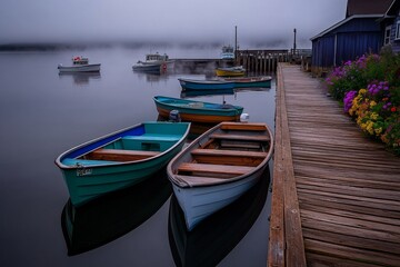 Fototapeta premium A misty morning at the Old Port, with fishermen preparing their boats and steam rising from fresh coffee cups