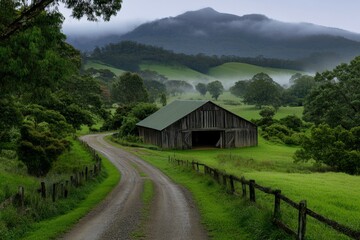 Fototapeta premium A misty morning in Tasmania countryside, with an old wooden barn surrounded by lush pastures