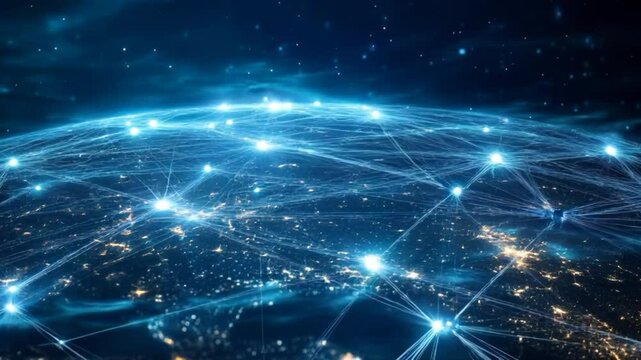 Abstract earth globe with glowing network connections and starry dark blue background, 4K