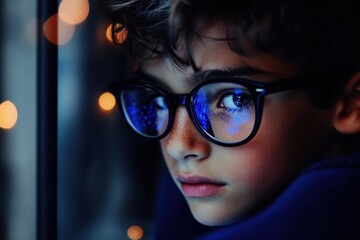 Thoughtful young boy with glasses gazing out window at night, warm bokeh lights, introspective mood, childhood wonder concept