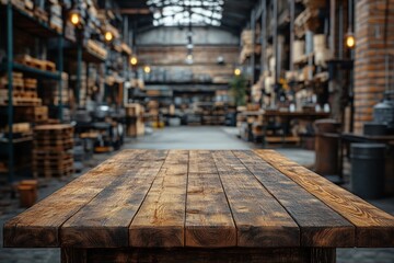 Wooden Table in Industrial Warehouse with Blurred Background