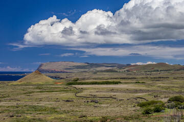 Moai statues in the Rano Raraku Volcano in Easter Island, Rapa Nui National Park, Chile
