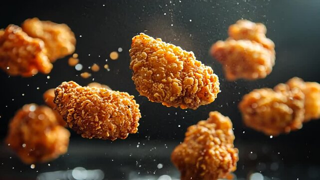 Crispy Fried Chicken Nuggets Floating with Black Background, Delicious Meal Concept