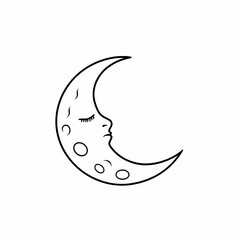 Crescent Moon Smiling Face Simple Line Drawing Black and White Celestial Body Whimsical Childlike Illustration