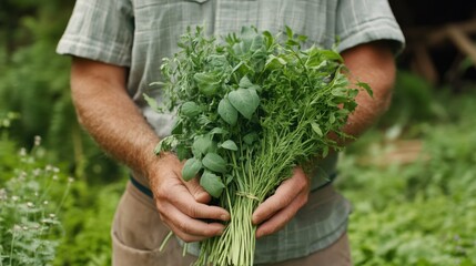 Farmer holding a bunch of fresh herbs, surrounded by thriving greenery, a celebration of small-scale farming and sustainability.