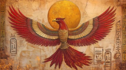 Majestic phoenix, sun, ancient Egyptian hieroglyphs background.