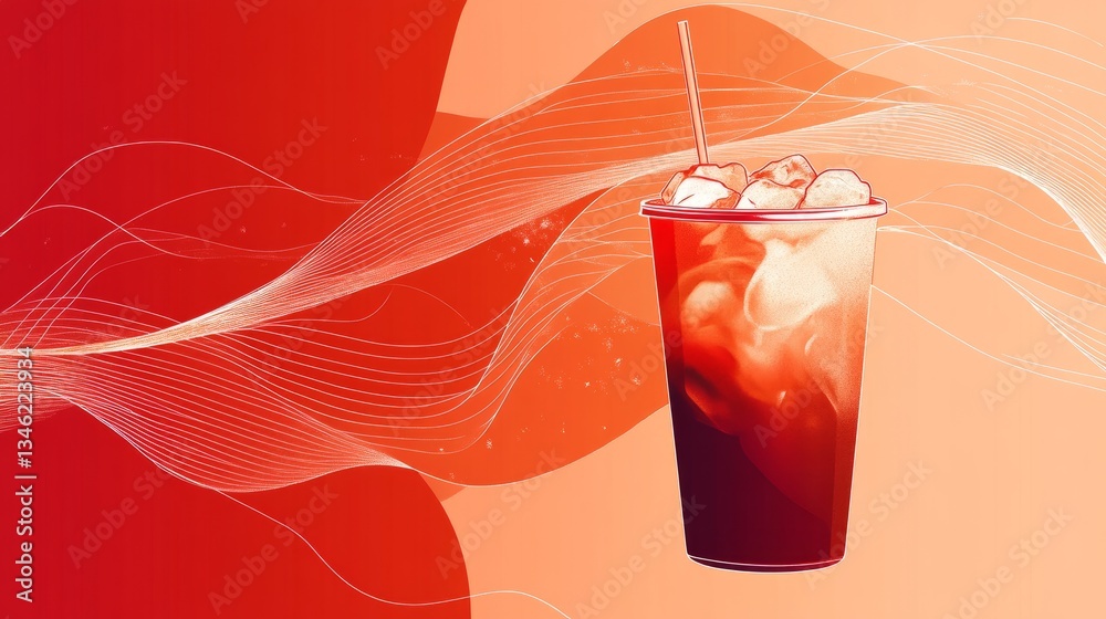 Fototapete a warm red summer-themed illustration with a focus on an iced coffee cup, accented by flowing minima