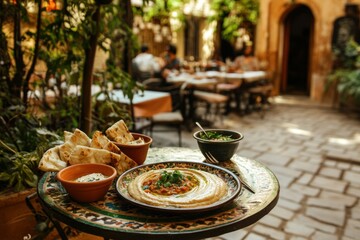 Fototapeta premium Hummus and Pita Bread Served at Outdoor Restaurant on Tiled Table