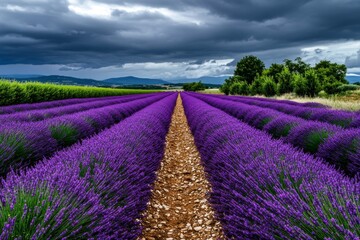 Fototapeta premium A peaceful lavender field near Avignon, in full bloom, with the soft purple flowers stretching toward the horizon